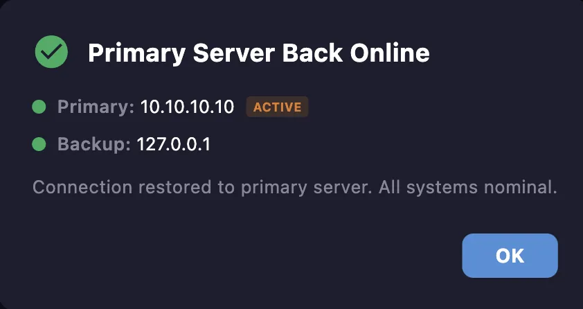 Backup server status popup