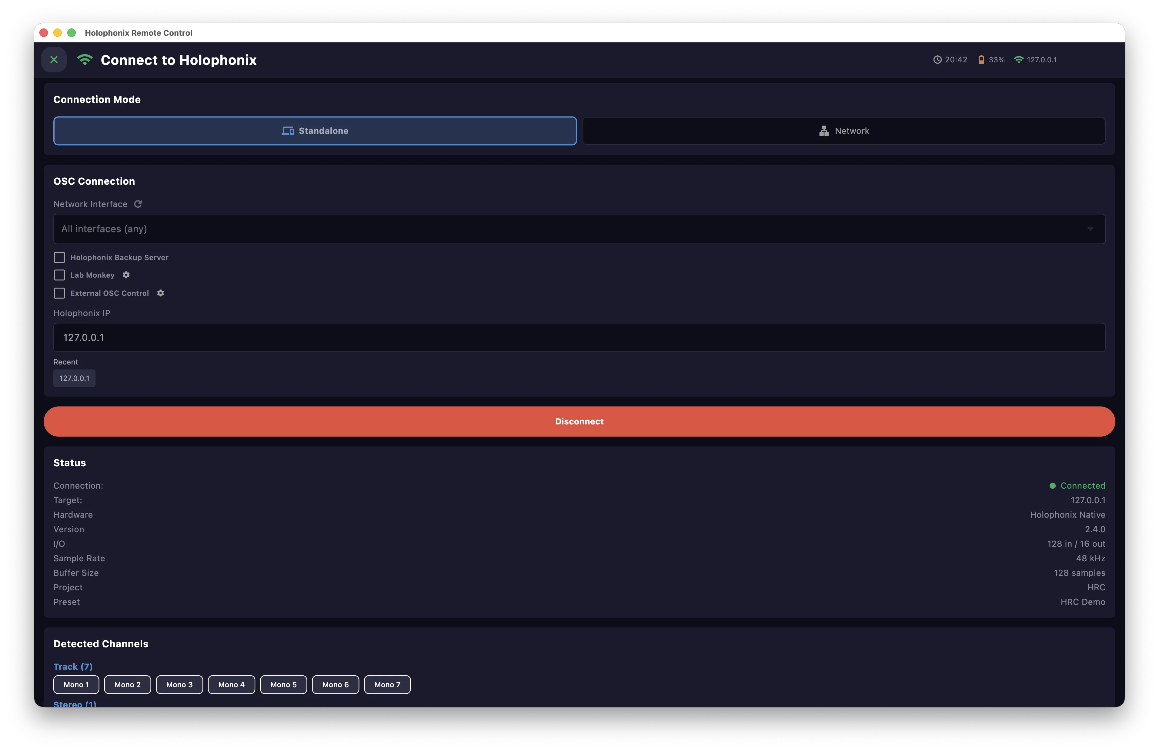 Standalone connection settings