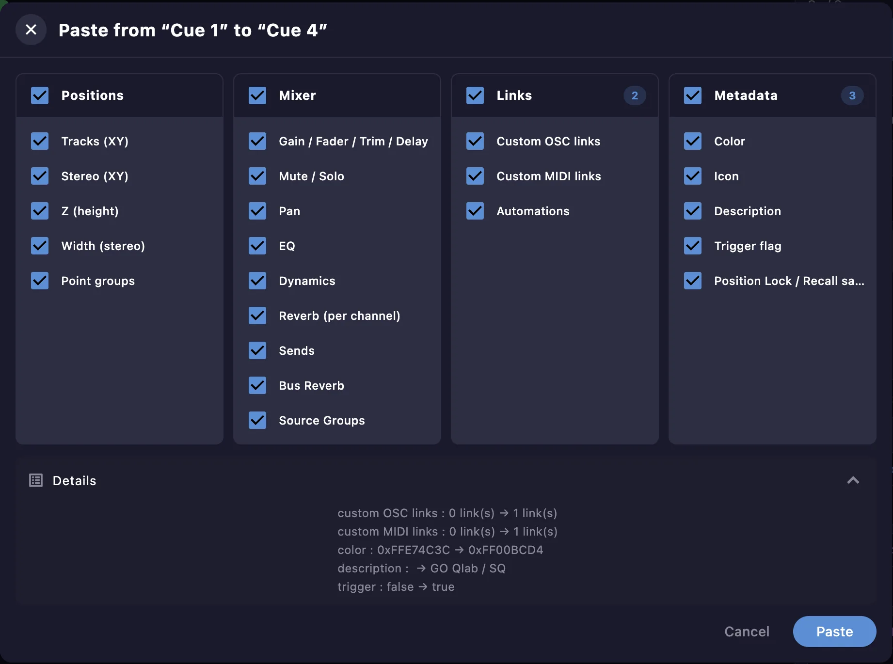 Paste selected parts from one cue to another