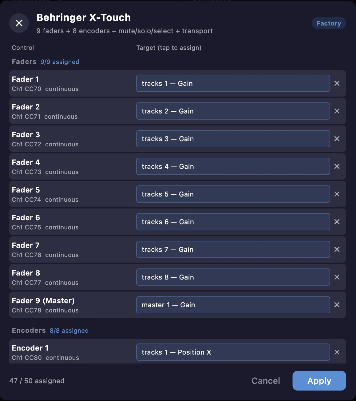 A factory MIDI controller preset