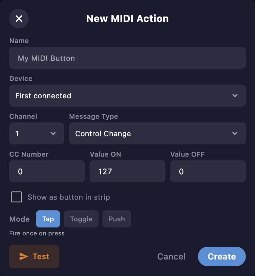 The New MIDI Action editor
