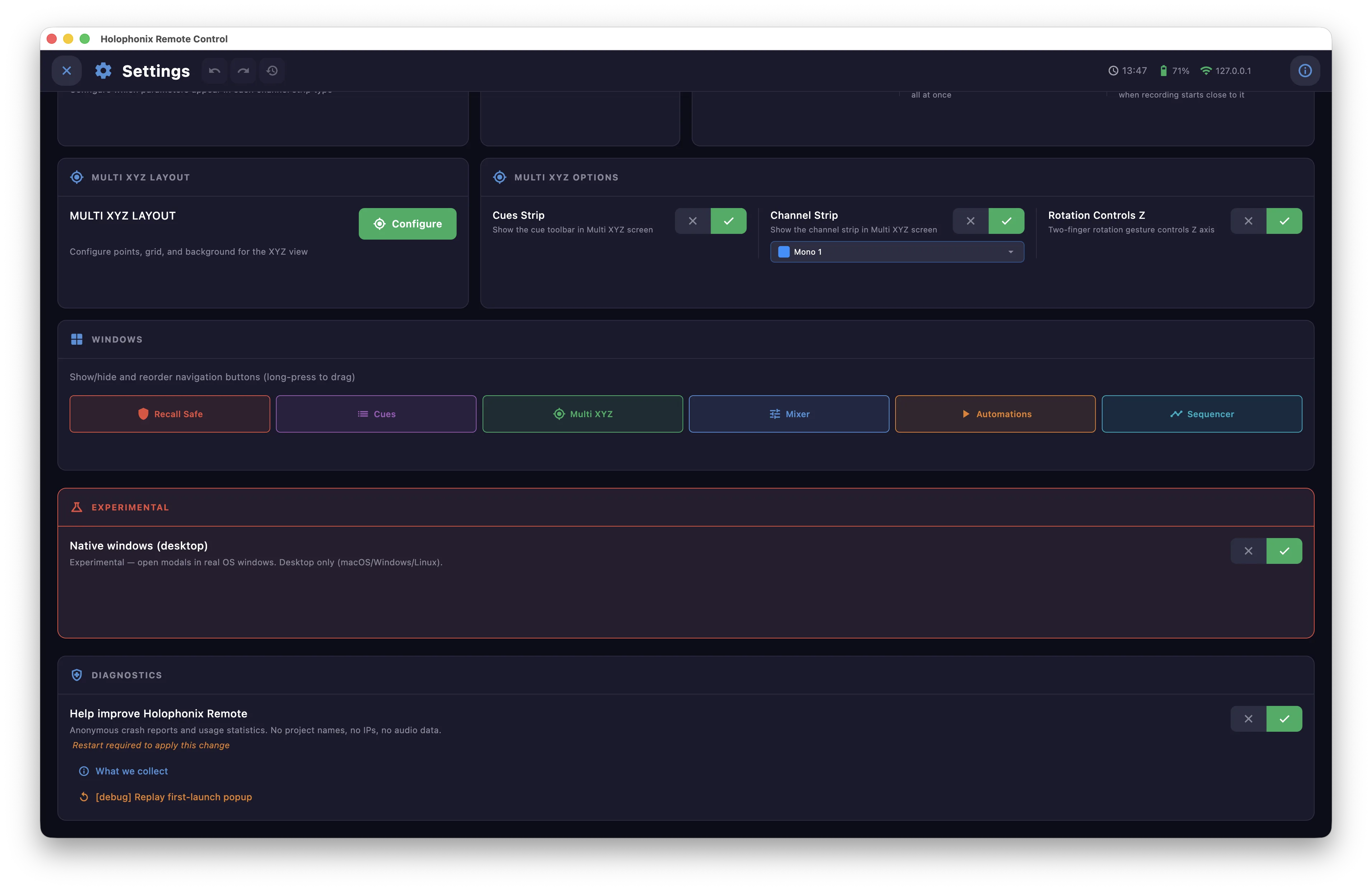 More Settings sections