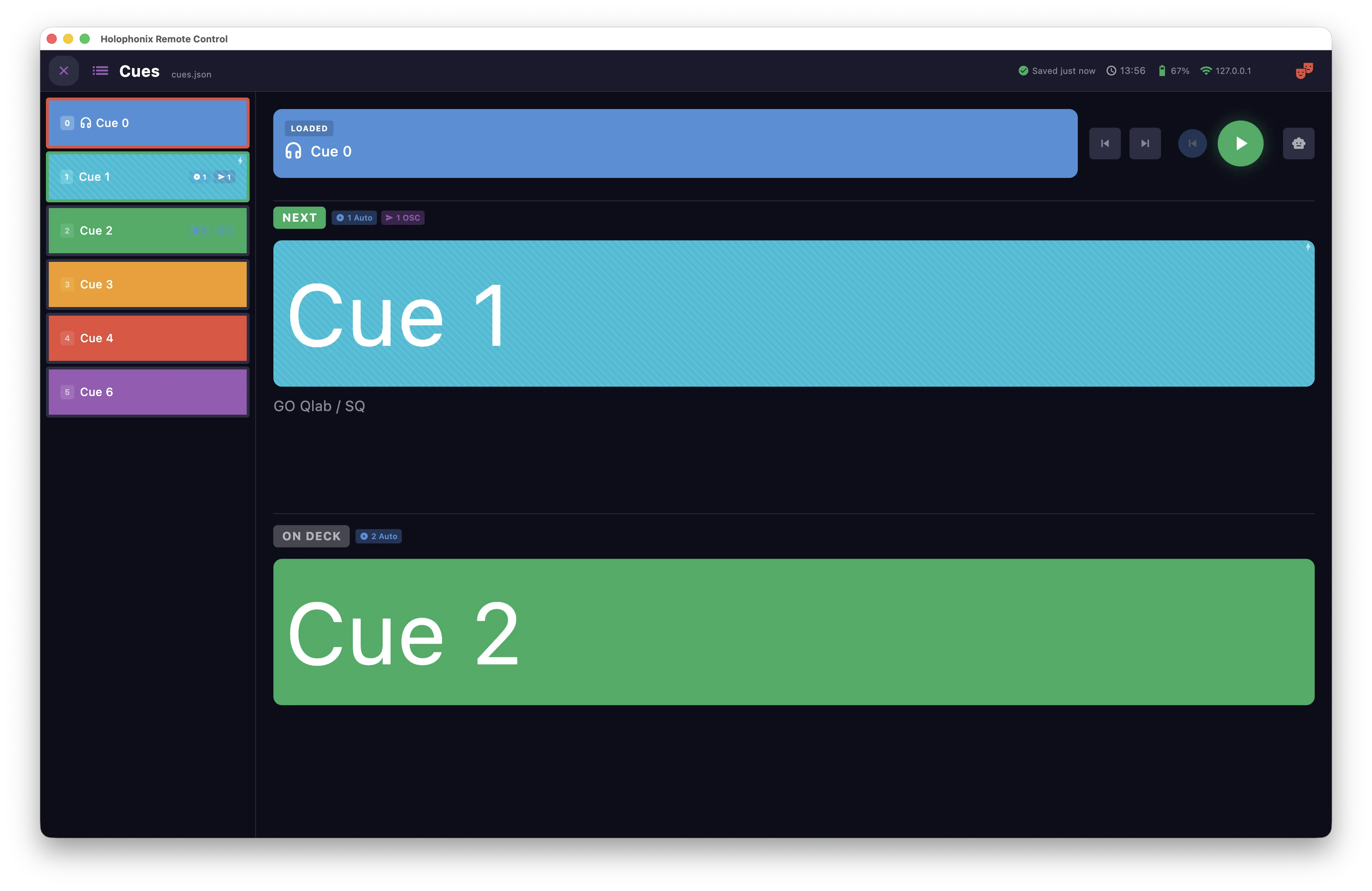 The Cues window in Show mode